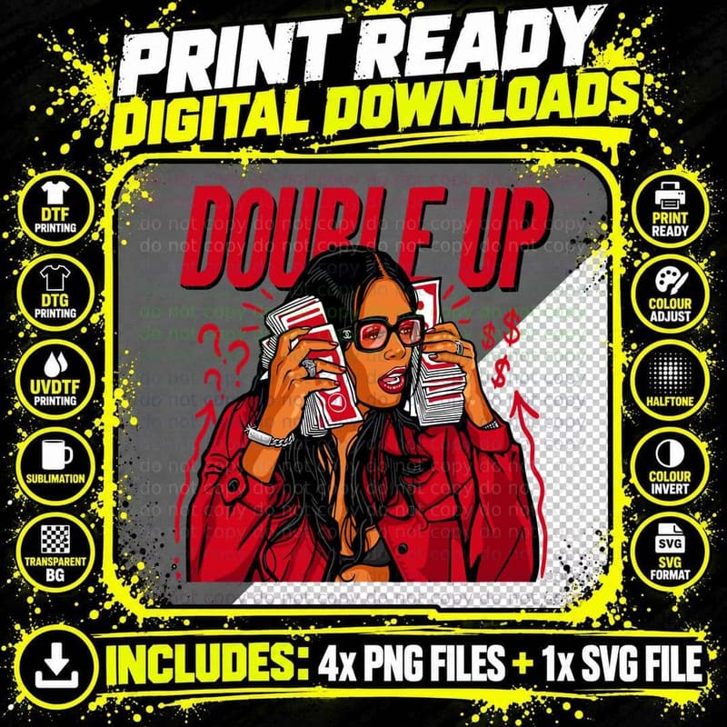 Double up Woman Money Red Cash Greed Character T-Shirt Png SVG Digital Bundle