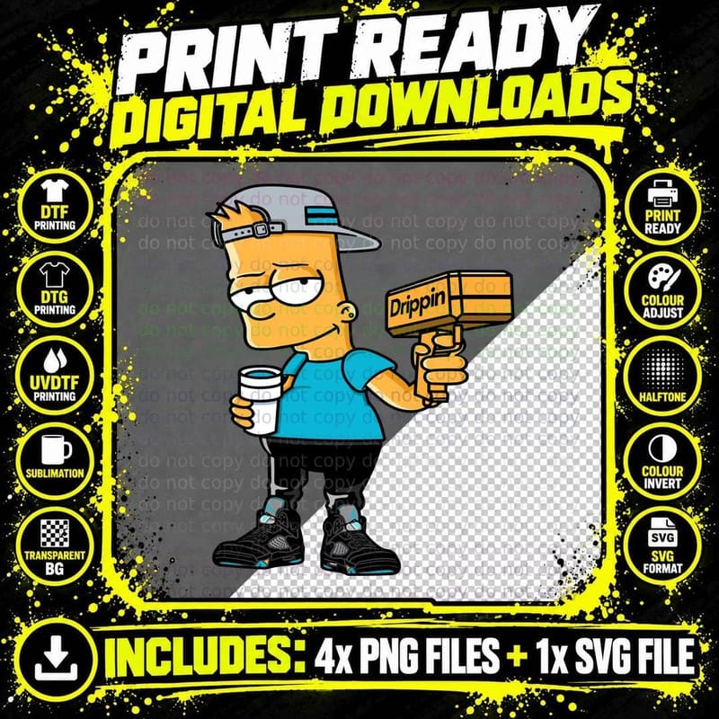 Drippin Bart Blue Hat Yellow Character Animated T-Shirt Png SVG Digital Bundle