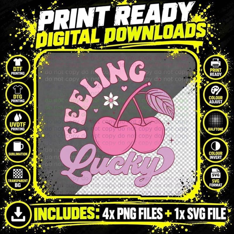 Feeling Lucky Pink Bubble Letters Cherry Leaf Hearts Png SVG Digital Bundle