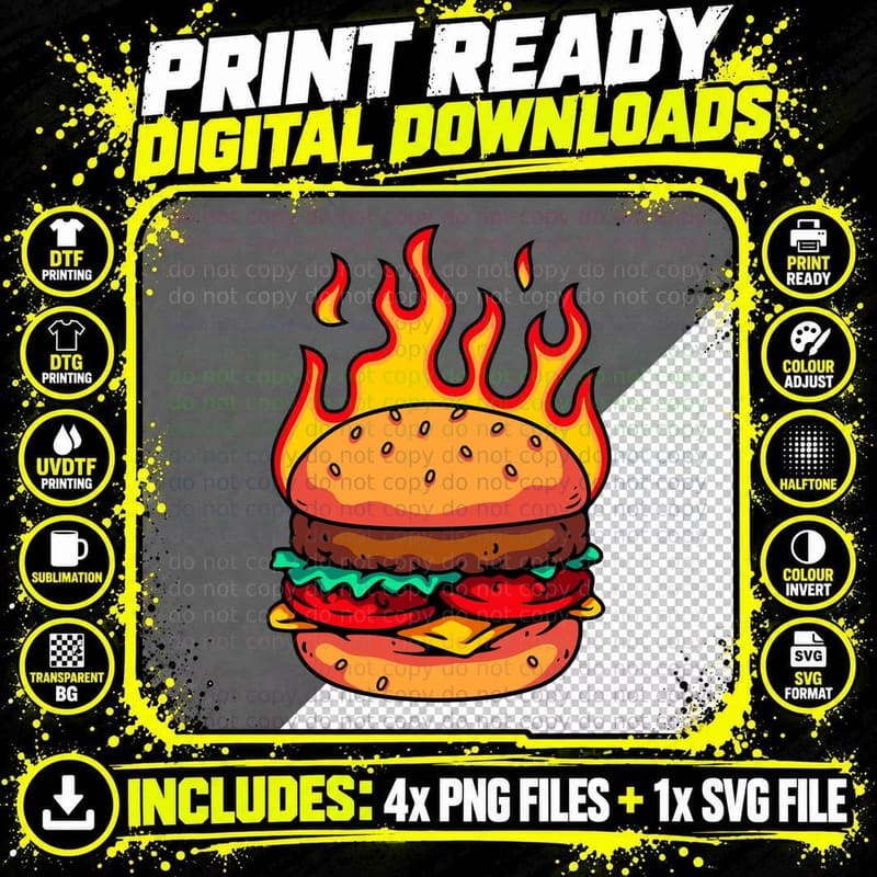 Flaming Burger Fire Colorful Streetwear Food T-Shirt Png SVG Digital Bundle