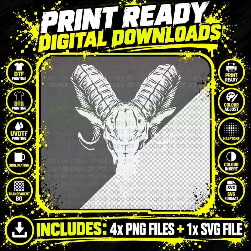 GOAT Demon Horns Head White Grayscale Monochrome Satanic Png SVG Digital Bundle