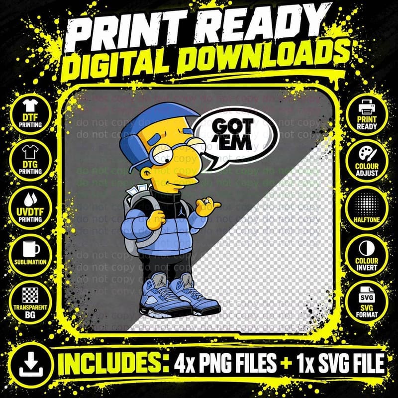 Got 'Em Bart Blue Sneakers Hat Money Character T-Shirt Png SVG Digital Bundle