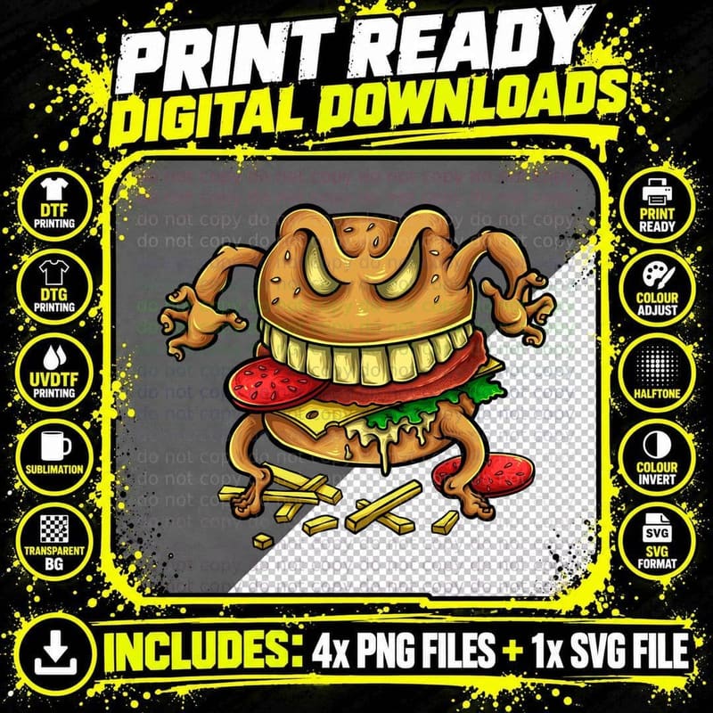 Hamburger Monster Living Cheeseburger Cartoon Character Png SVG Digital Bundle