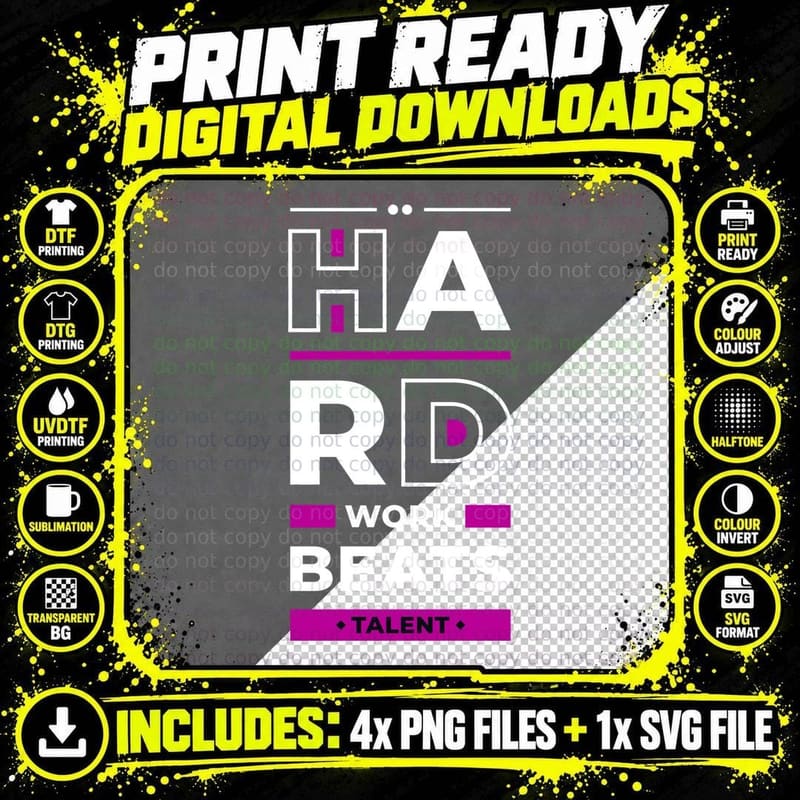 Hard Work Beats Talent Magenta Pink Text Geometric Png SVG Digital Bundle