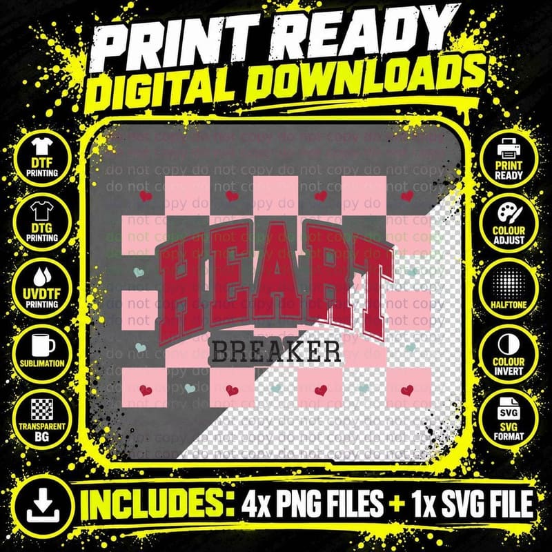 Heart Breaker Checkerboard Pattern Red Metallic Text Png SVG Digital Bundle