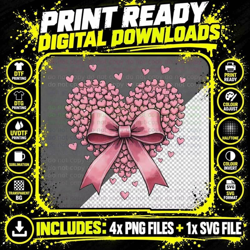 Heart Wreath Pink Cluster Satin Bow Romantic Sparkling Png SVG Digital Bundle