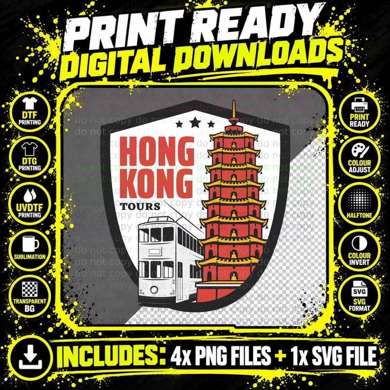 Hong Kong Tours Pagoda Tram Architecture T-Shirt Png SVG Digital Bundle