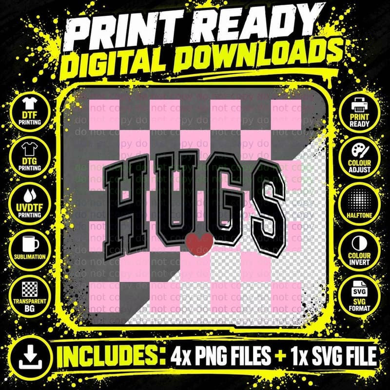 Hugs Black Outline Text Checkerboard Pattern Heart Png SVG Digital Bundle