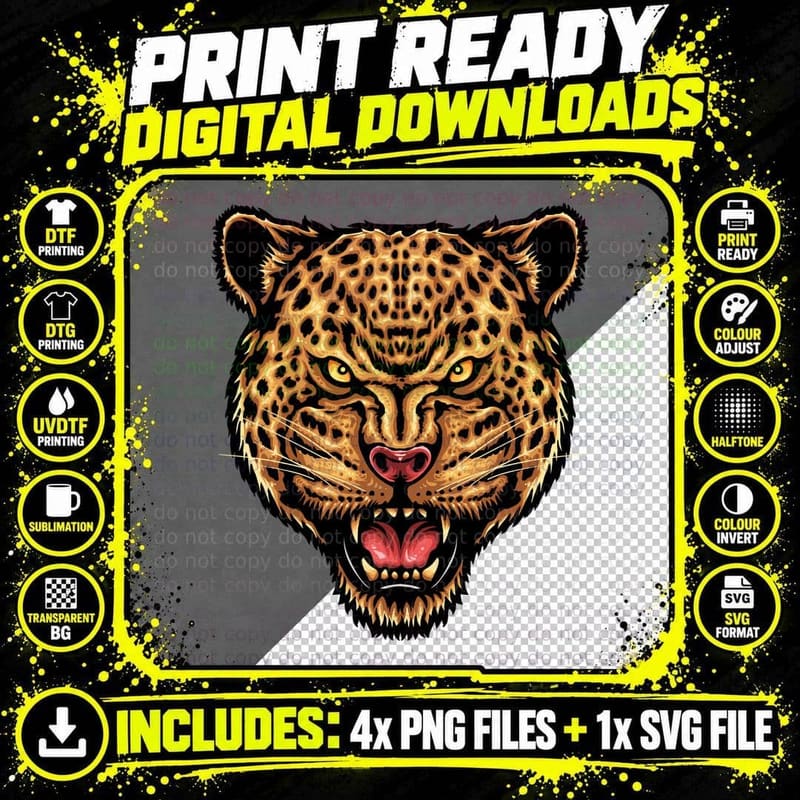 Leopard Spotted Head Yellow Spots Angry Expression Png SVG Digital Bundle