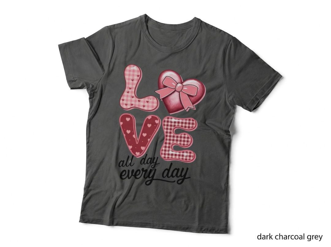 Love All Day Every Patterned Letters Pink Bow Checkered Script T-Shirt
