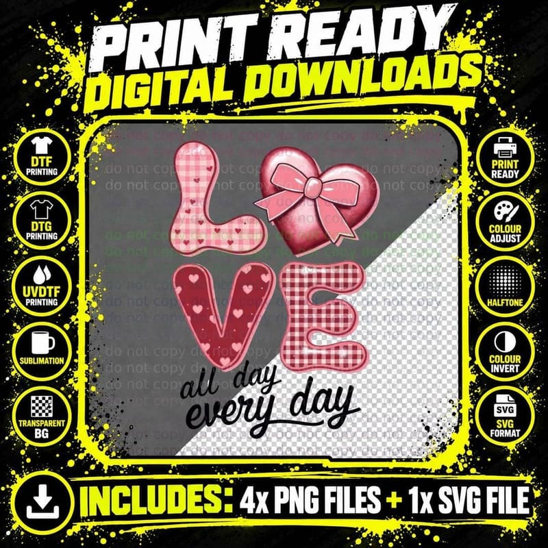 Love All Day Every Patterned Letters Pink Bow Checkered Png SVG Digital Bundle