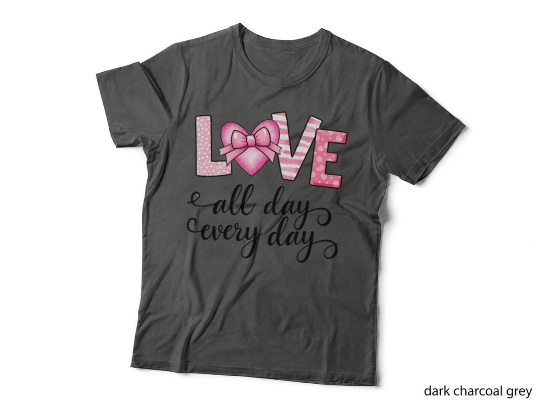 Love All Day Every Patterned Letters Pink Bow Striped Script T-Shirt