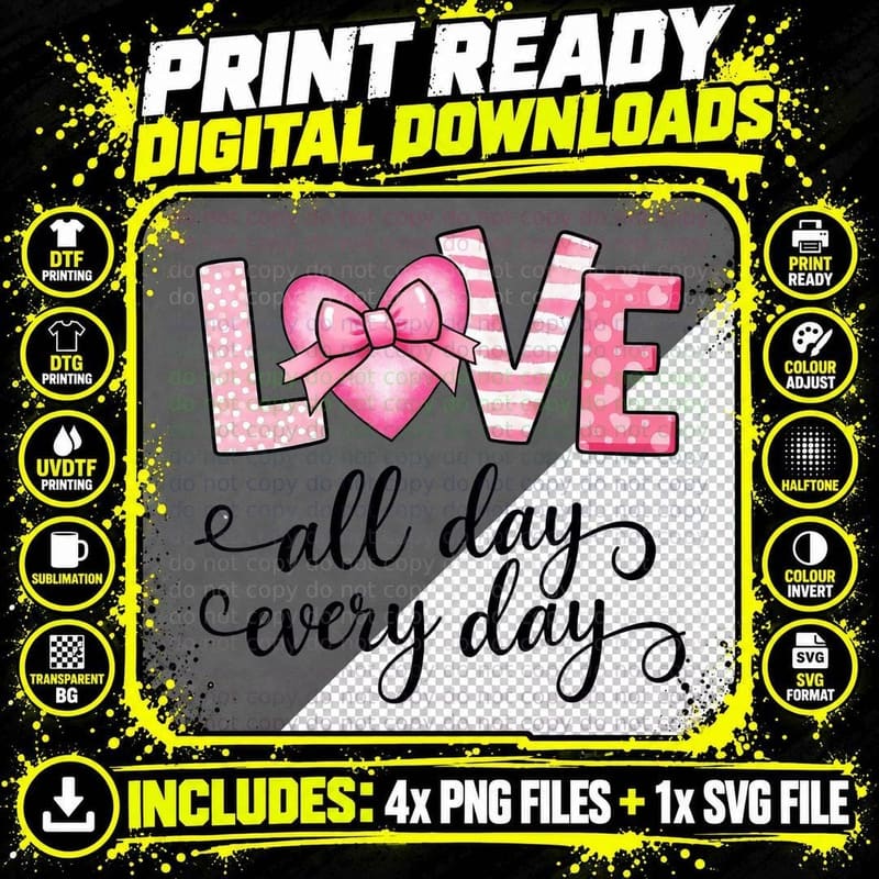 Love All Day Every Patterned Letters Pink Bow Striped Png SVG Digital Bundle