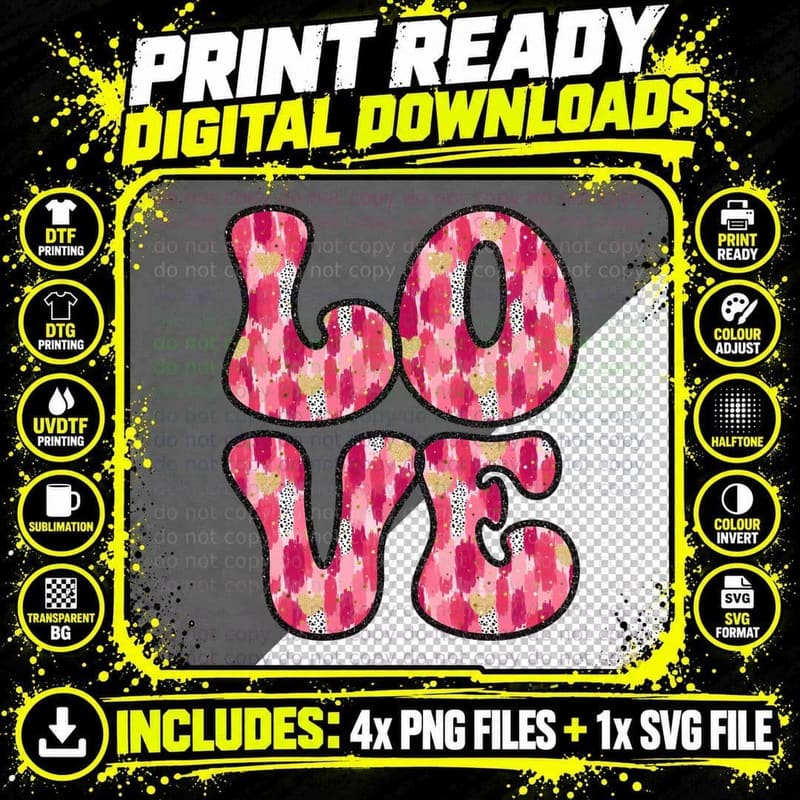 Love Houndstooth Pattern Letters Black Outline Sparkles Png SVG Digital Bundle