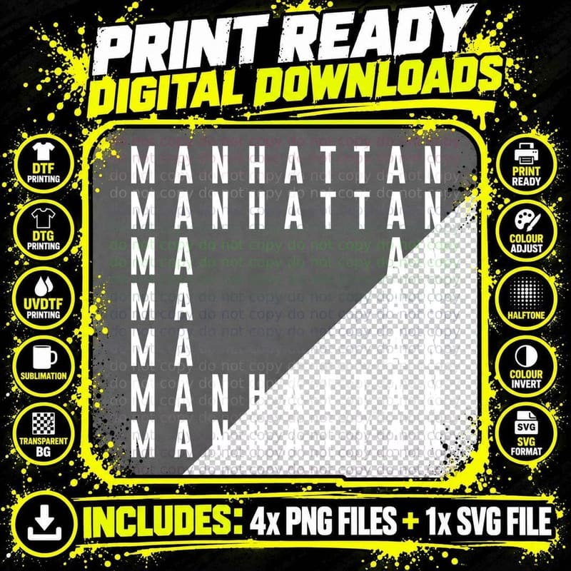 Manhattan White Repeated Text Pattern Minimalist T-Shirt Png SVG Digital Bundle