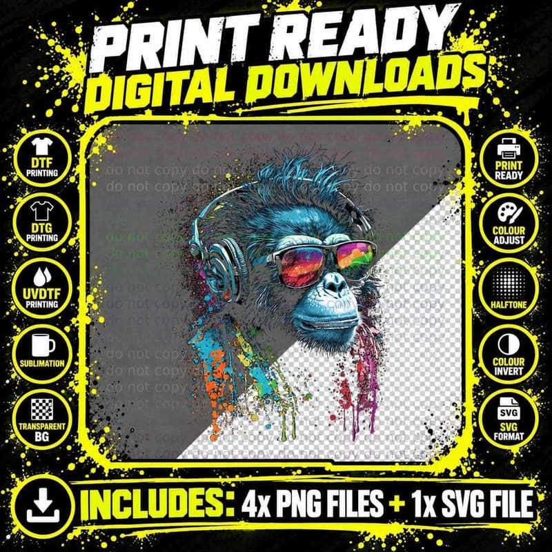 Monkey DJ with Headphones and Sunglasses Disco T-Shirt Png SVG Digital Bundle