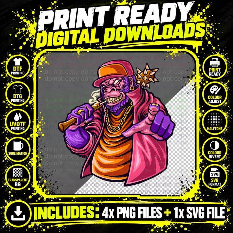 Monkey Hip-Hop Gangster Gold Chains T-Shirt Png SVG Digital Bundle