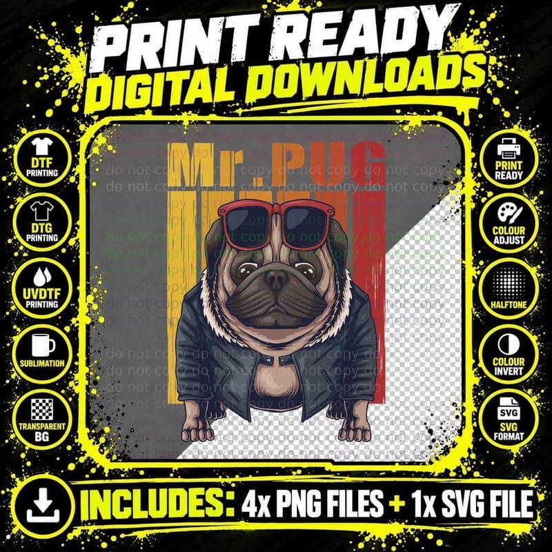 Mr Pug Sunglasses Jacket Cool Streetwear Cartoon T-Shirt Png SVG Digital Bundle
