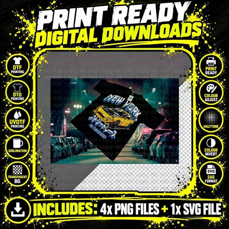 New York Taxi Fiyuu Yellow T-Shirt Blue Text Streetwear Png SVG Digital Bundle