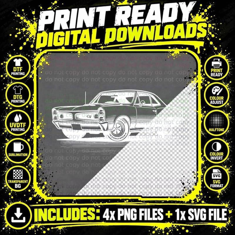 Pontiac Gt Black White Front View Illustration T-Shirt Png SVG Digital Bundle