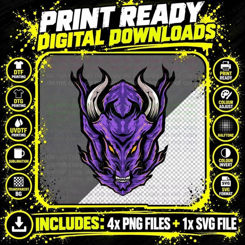 Purple Demon Face Horns Evil Mystical T-Shirt Png SVG Digital Bundle