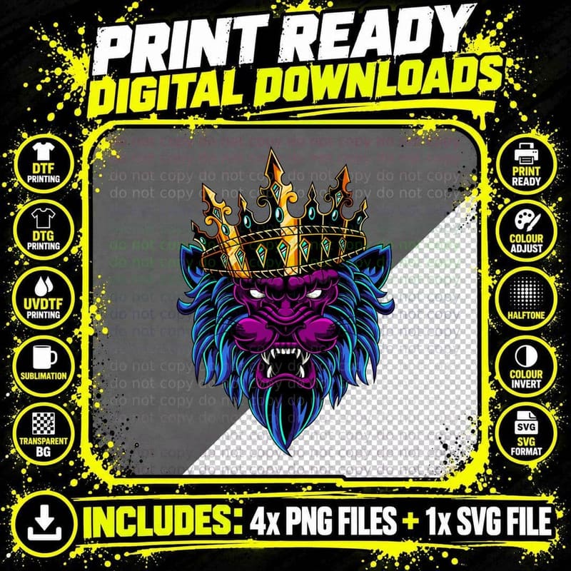 Purple Demon King Face Magenta Gold Crown Blue Feathers Png SVG Digital Bundle