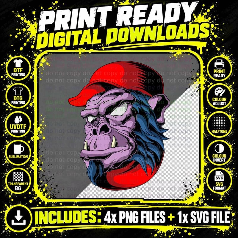 Purple Gorilla Ape Character Red Cap T-Shirt Png SVG Digital Bundle