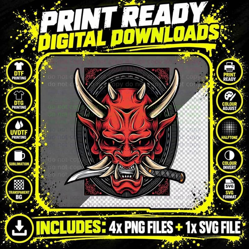 Red Oni Demon Tusks Horns Swords T-Shirt Png SVG Digital Bundle
