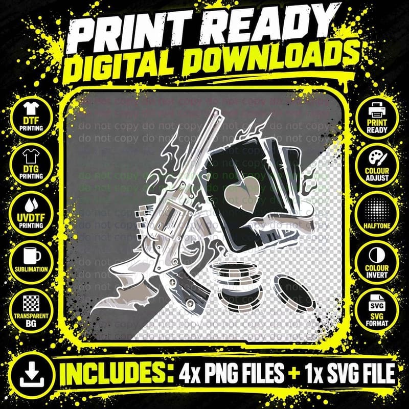 Revolver Gambler Gun Playing Cards Coins Monochrome Png SVG Digital Bundle