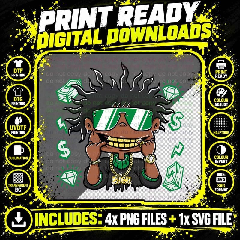 Rich Man Money Chains Green Greed Character T-Shirt Png SVG Digital Bundle