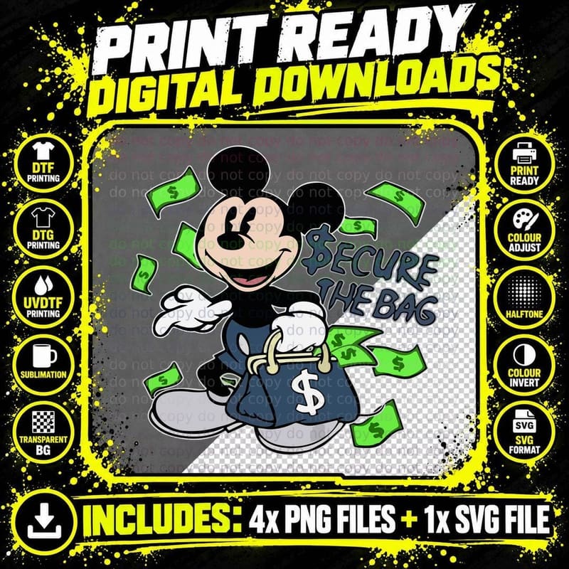 Secure the Bag Mickey Mouse Money Cash Greed Character Png SVG Digital Bundle
