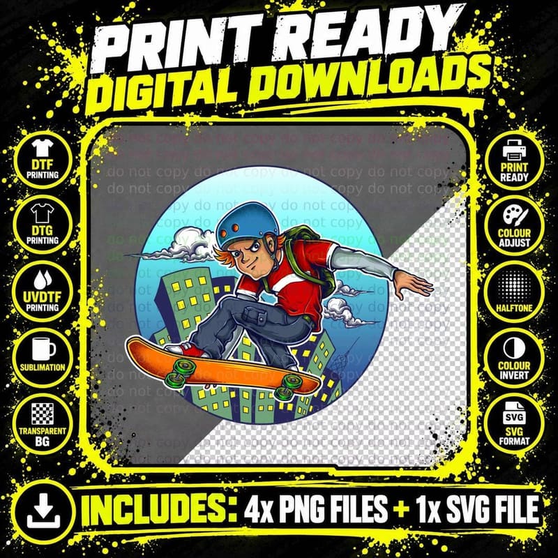 Skateboarder Performing Urban Trick T-Shirt Png SVG Digital Bundle