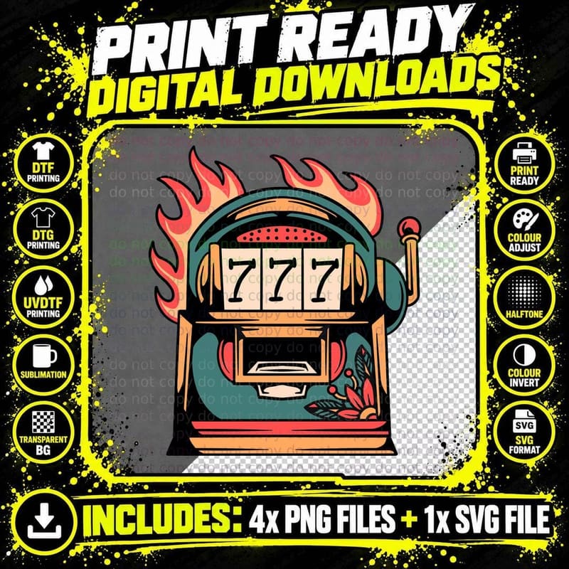 Slot Machine 777 Flames Fire T-Shirt Png SVG Digital Bundle