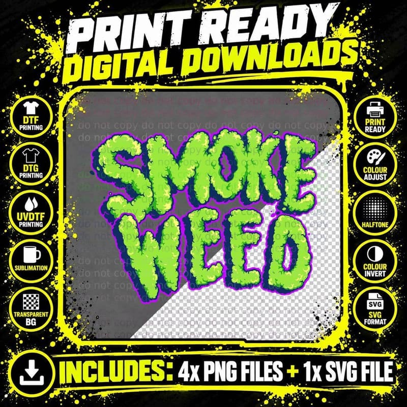Smoke Weed Lime Puffy Bubblegum Text with Purple Outline Png SVG Digital Bundle