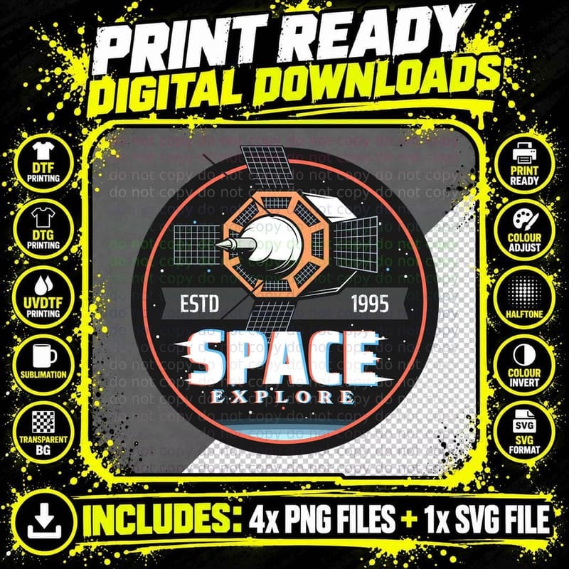 Space Explore Estd 1995 Satellite Exploration Orange Red Png SVG Digital Bundle