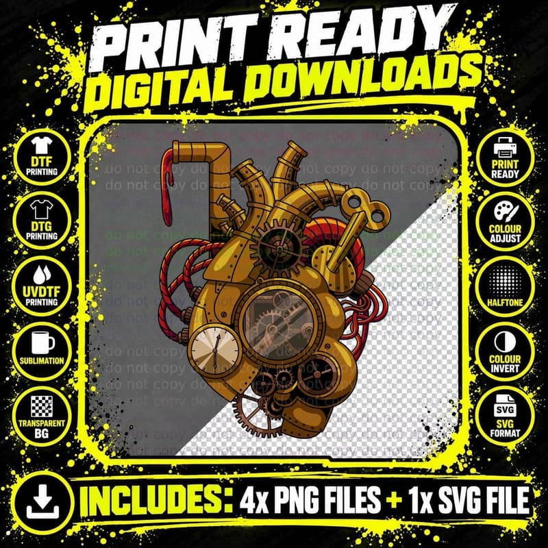 Steampunk Heart Engine Gold Red Gears Mechanical Pipes Png SVG Digital Bundle