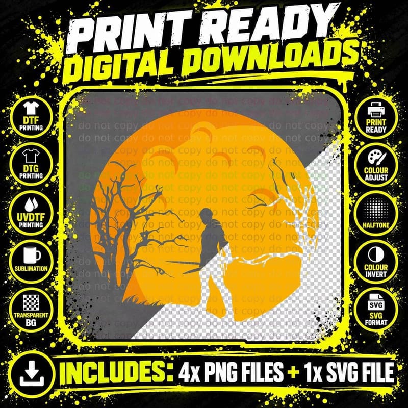 Sunset Silhouette Orange Moon Dead Tree T-Shirt Png SVG Digital Bundle
