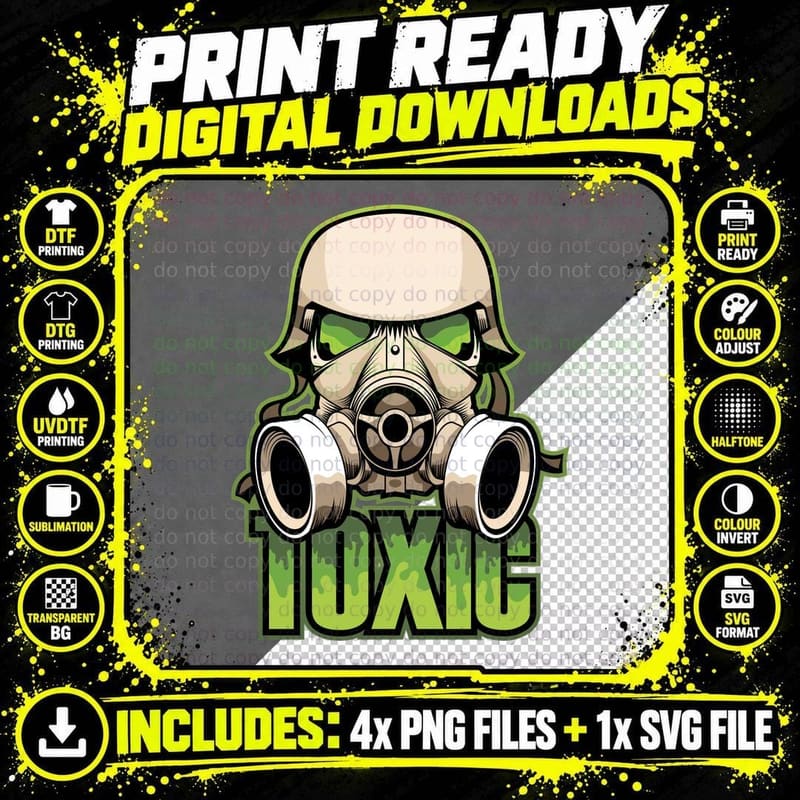 Toxic Hazard Gas Mask Lime Green Symbol T-Shirt Png SVG Digital Bundle