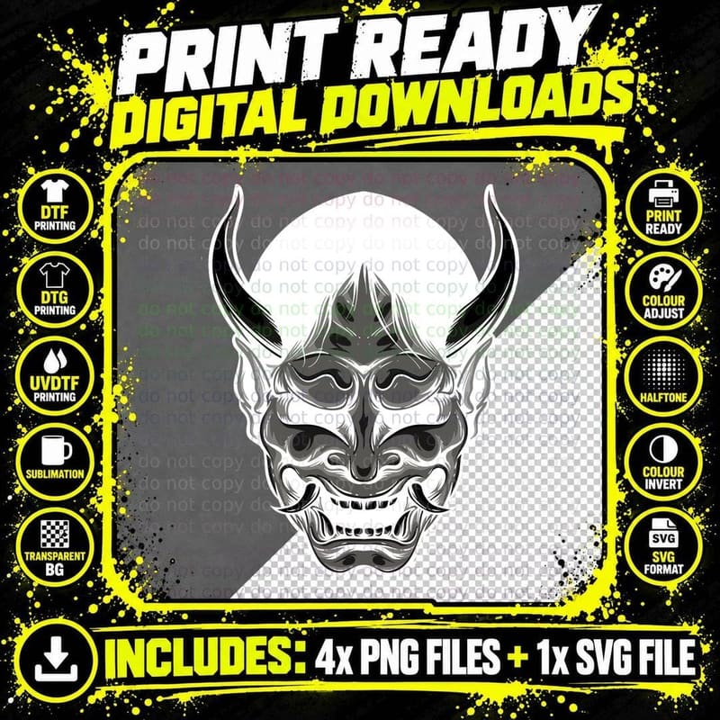White Oni Demon Head Horns Grinning T-Shirt Png SVG Digital Bundle