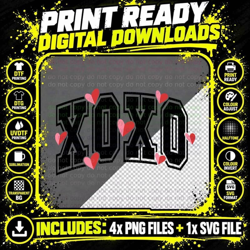 XOXO Black Bold Text Pink Red Hearts Street T-Shirt Png SVG Digital Bundle