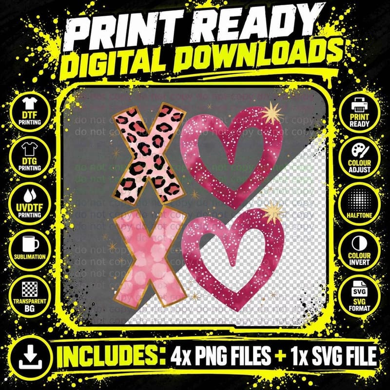 XOXO Leopard Print X Sparkly Pink Heart Gold T-Shirt Png SVG Digital Bundle