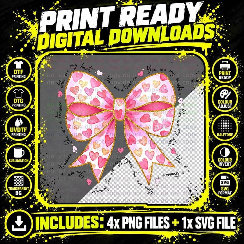 You Are My Treasure Pink Gold Bow Hearts Glitter Pattern Png SVG Digital Bundle
