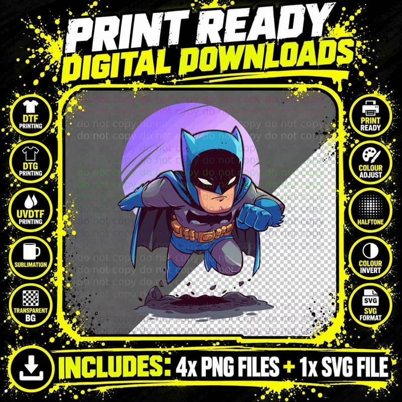 Batman Chibi Superhero Dark Cowl and Cape Flying Pose Png SVG Digital Bundle