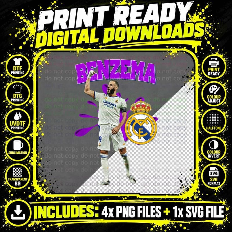 Benzema Real Madrid Footballer White Jersey Purple Png SVG Digital Bundle