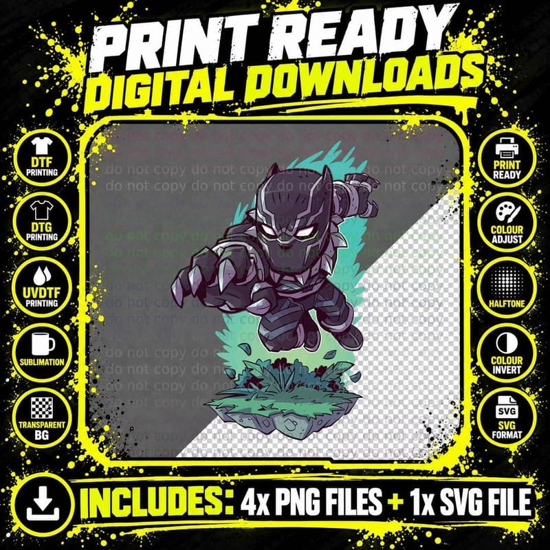 Black Panther Chibi Superhero Armored Suit Claws Flying Png SVG Digital Bundle