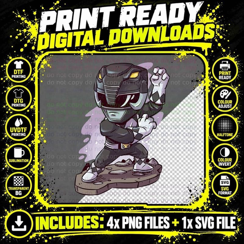 Black Power Ranger Chibi Fighting Pose Figure Stand Png SVG Digital Bundle