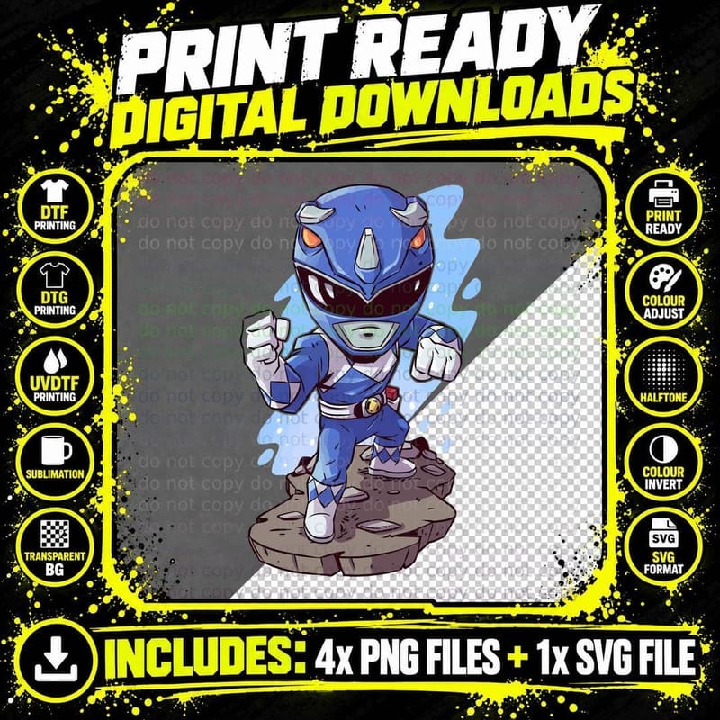 Blue Power Ranger Chibi Hero Armored Suit Triceratops Png SVG Digital Bundle