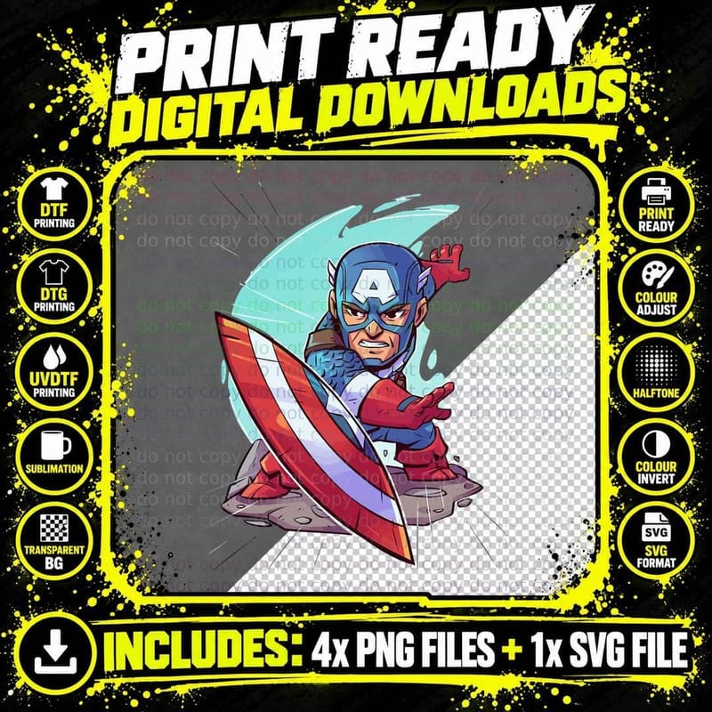 Captain America Chibi Superhero Round Shield Red White Png SVG Digital Bundle