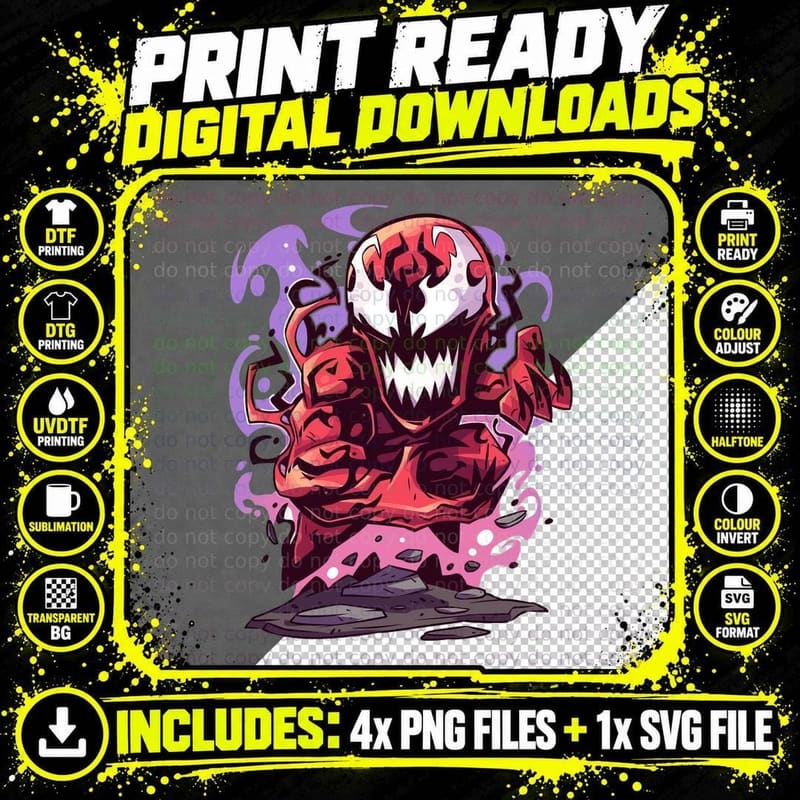 Carnage Chibi Symbiote Villain Red Purple Smoke Sharp Png SVG Digital Bundle