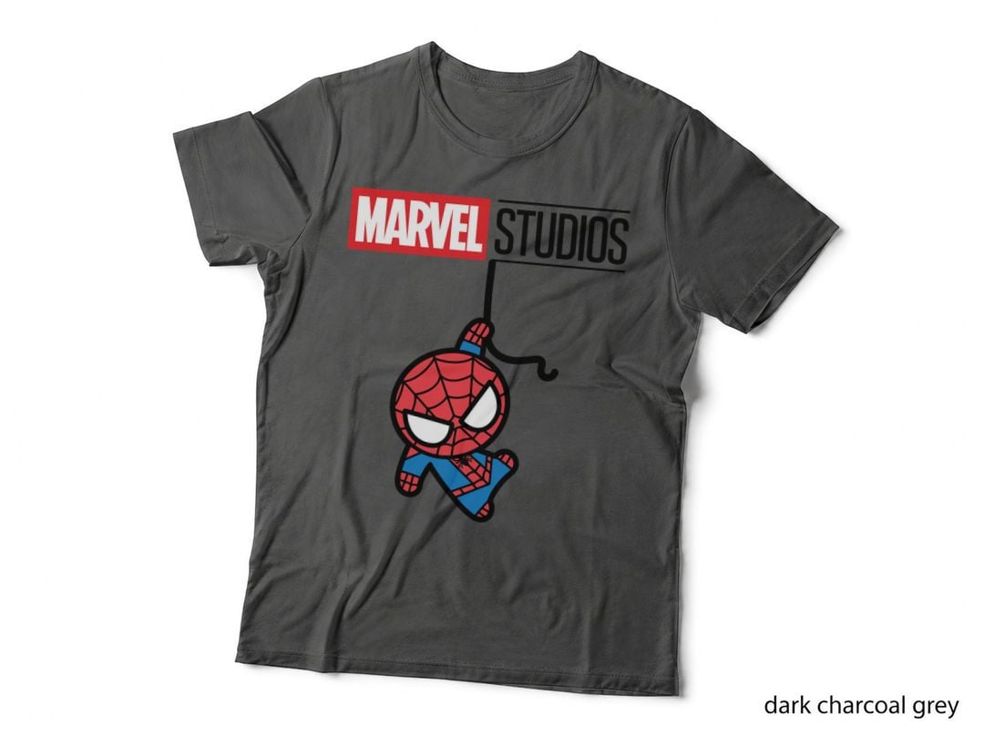 Chibi Masked Superhero Studios Cute Cartoon Hanging from Web Red T-Shirt